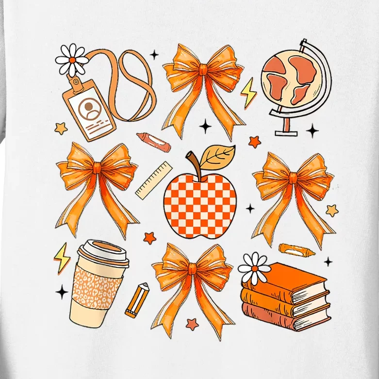 Coquette Teacher Game Day Fall Autumn Book Coffee Kids Long Sleeve Shirt