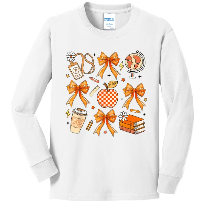 Coquette Teacher Game Day Fall Autumn Book Coffee Kids Long Sleeve Shirt