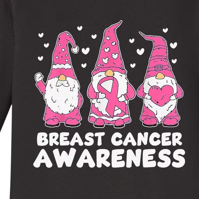 Cute Three Gnomes Pink Ribbon Breast Cancer Awareness Baby Long Sleeve Bodysuit