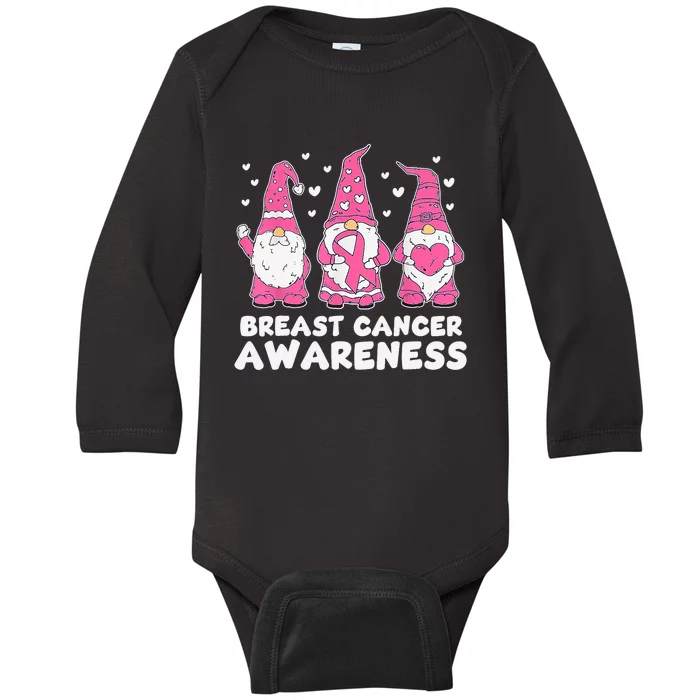 Cute Three Gnomes Pink Ribbon Breast Cancer Awareness Baby Long Sleeve Bodysuit