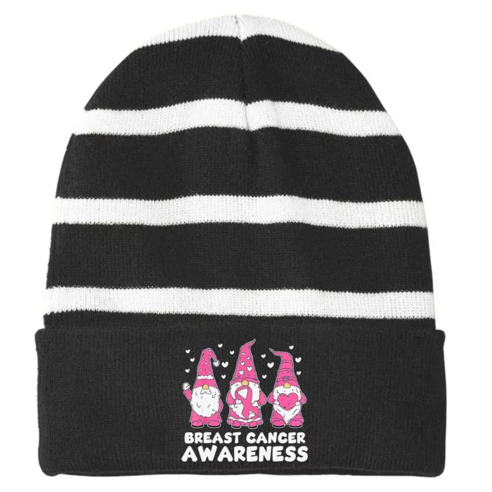 Cute Three Gnomes Pink Ribbon Breast Cancer Awareness Striped Beanie with Solid Band