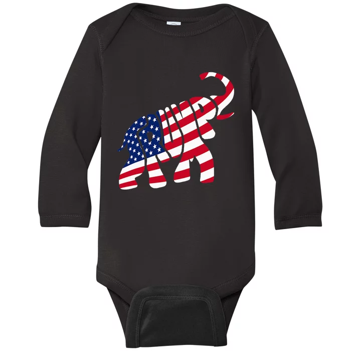 Cute Trump Gift Proud American Flag Elephant Baby Long Sleeve Bodysuit