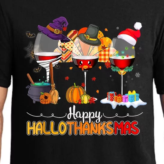 Christmas Thanksgiving Halloween Wine Happy Hallothanksmas Pajama Set