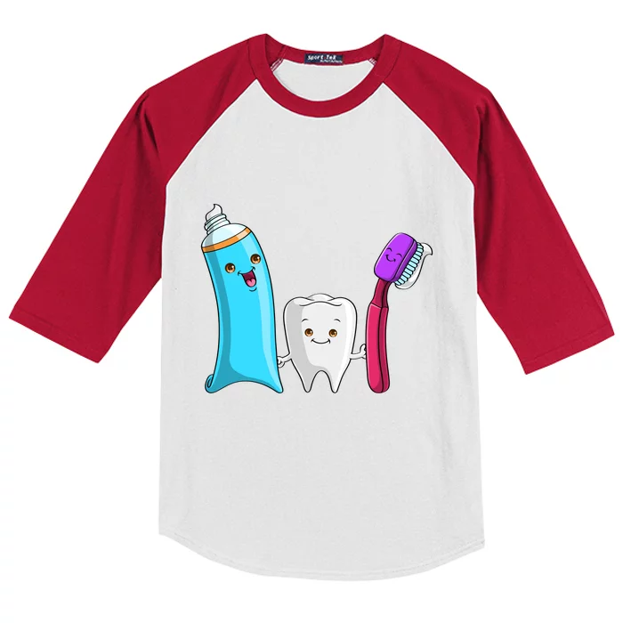 Cute Tooth Holding Toothbrush And Toot Paste Kids Colorblock Raglan Jersey