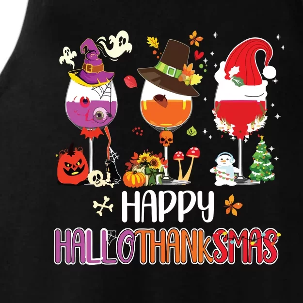 Christmas Thanksgiving Halloween Wine Happy Hallothanksmas Ladies Tri-Blend Wicking Tank