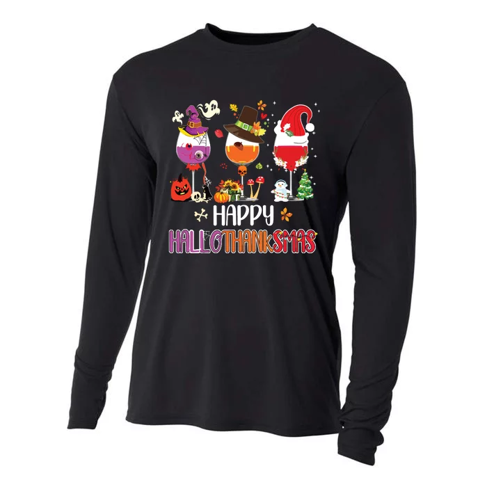 Christmas Thanksgiving Halloween Wine Happy Hallothanksmas Cooling Performance Long Sleeve Crew