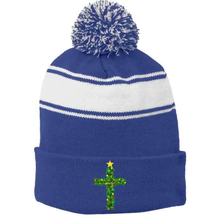 Christmas Tree Holly Cross Stripe Pom Pom Beanie