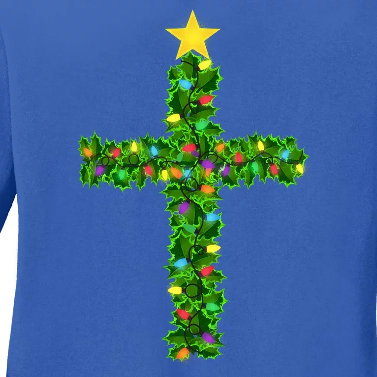 Christmas Tree Holly Cross Ladies Long Sleeve Shirt