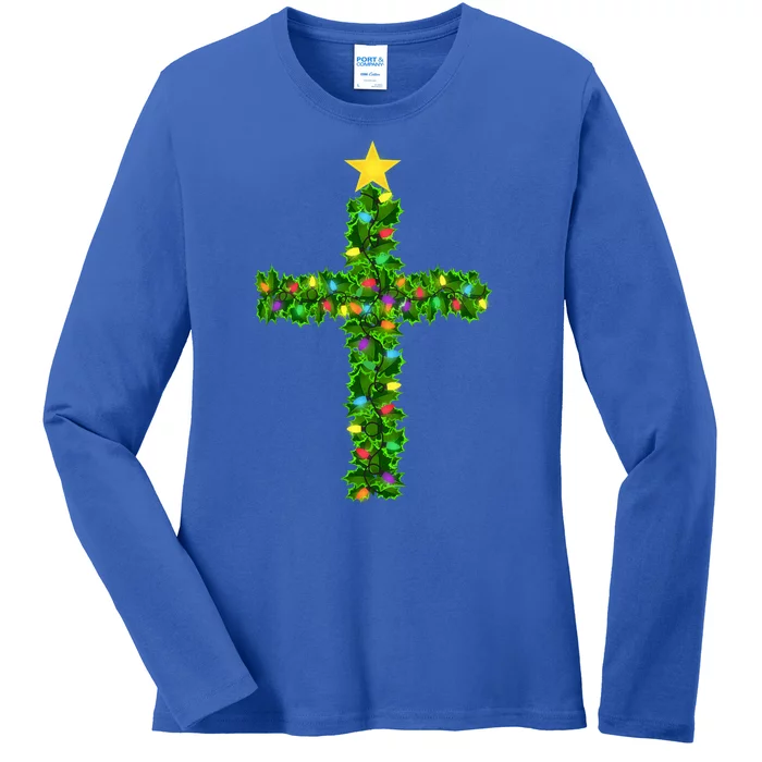 Christmas Tree Holly Cross Ladies Long Sleeve Shirt