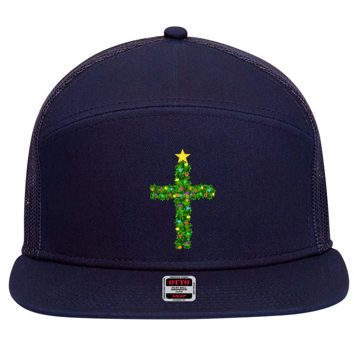 Christmas Tree Holly Cross 7 Panel Mesh Trucker Snapback Hat