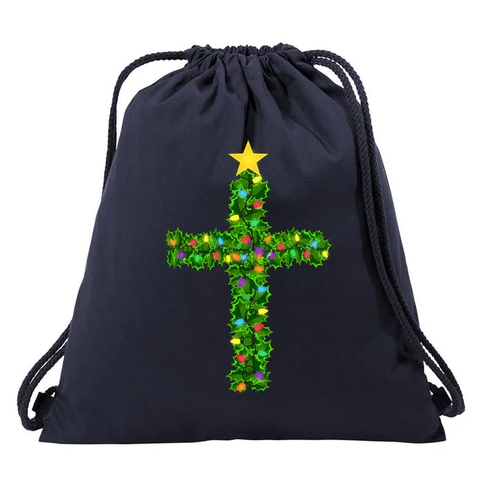 Christmas Tree Holly Cross Drawstring Bag