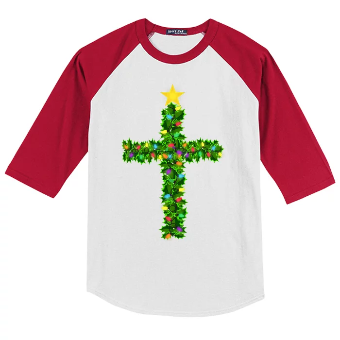 Christmas Tree Holly Cross Kids Colorblock Raglan Jersey