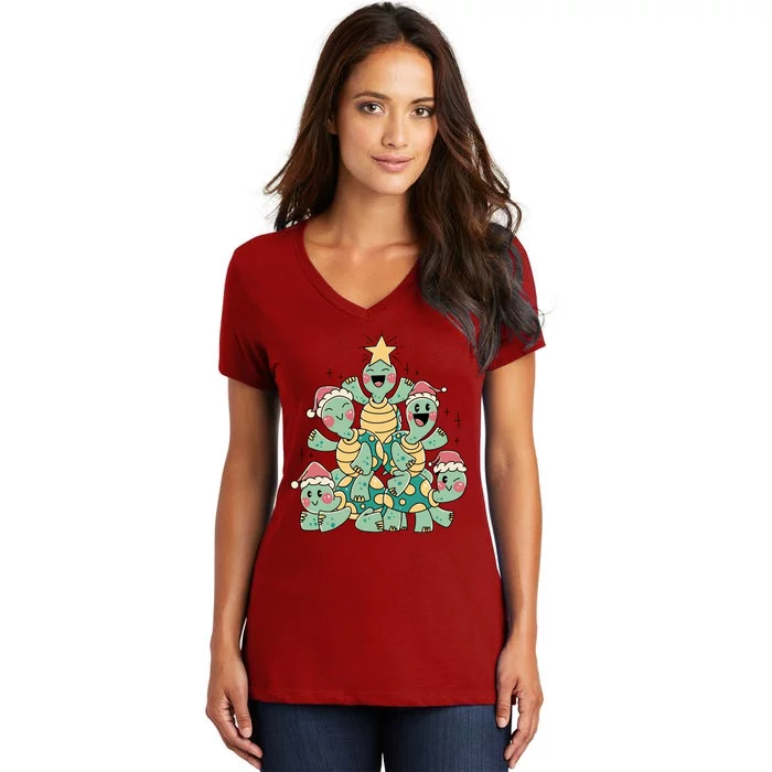 Christmas Turtles Holiday Tree Women's V-Neck T-Shirt