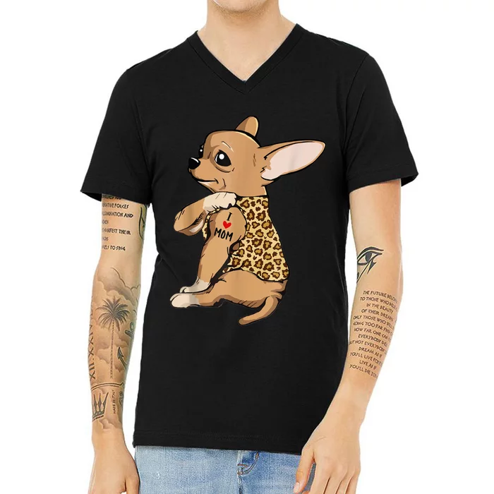 Chihuahua Tattoo I Love Mom V-Neck T-Shirt