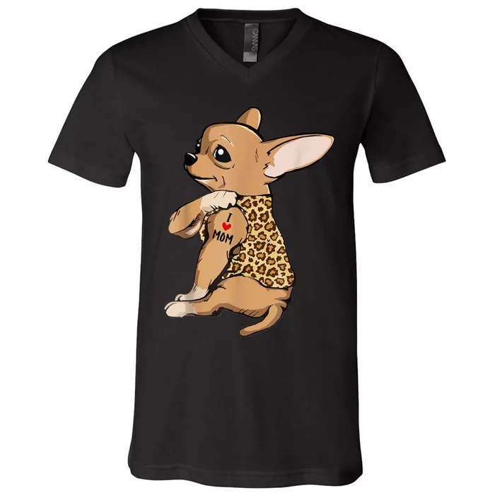 Chihuahua Tattoo I Love Mom V-Neck T-Shirt