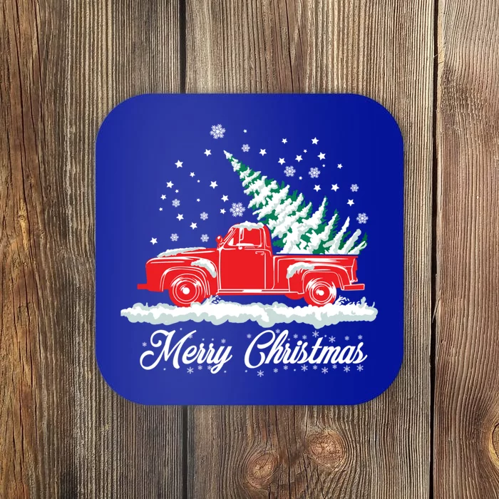 Christmas Tree In Back Of Old Red Pick Up Truck Snowing Gift Coaster