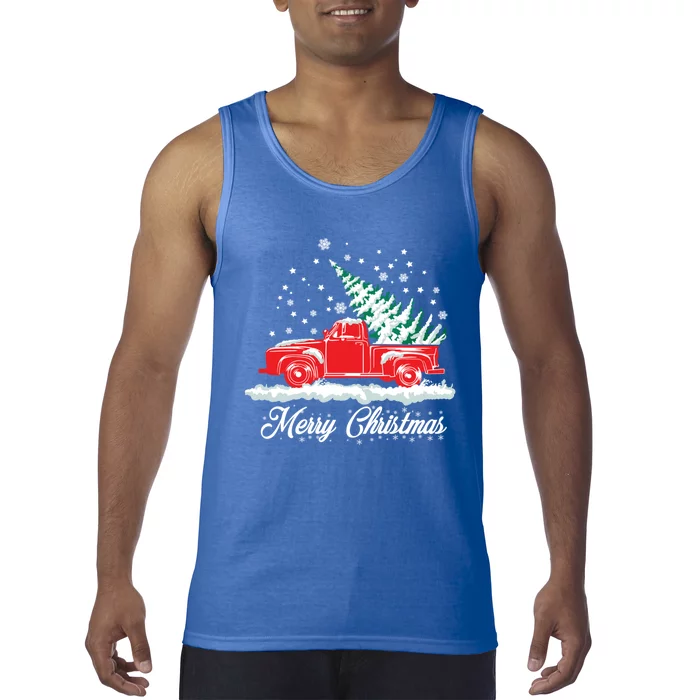 Christmas Tree In Back Of Old Red Pick Up Truck Snowing Gift Tank Top