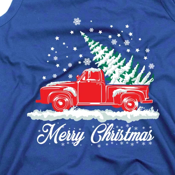 Christmas Tree In Back Of Old Red Pick Up Truck Snowing Gift Tank Top