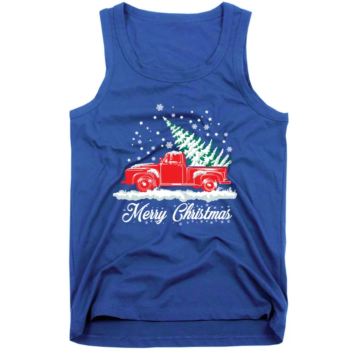 Christmas Tree In Back Of Old Red Pick Up Truck Snowing Gift Tank Top