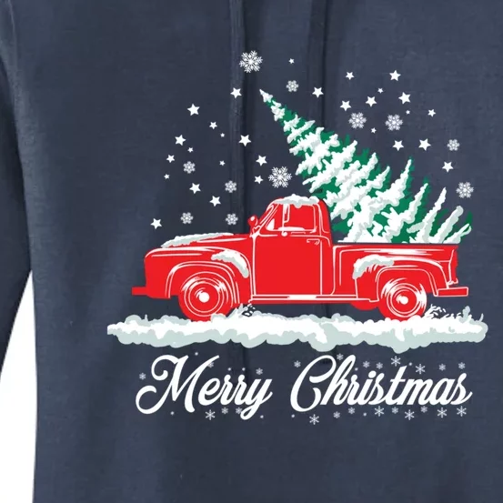 Christmas Tree In Back Of Old Red Pick Up Truck Snowing Gift Women's Pullover Hoodie