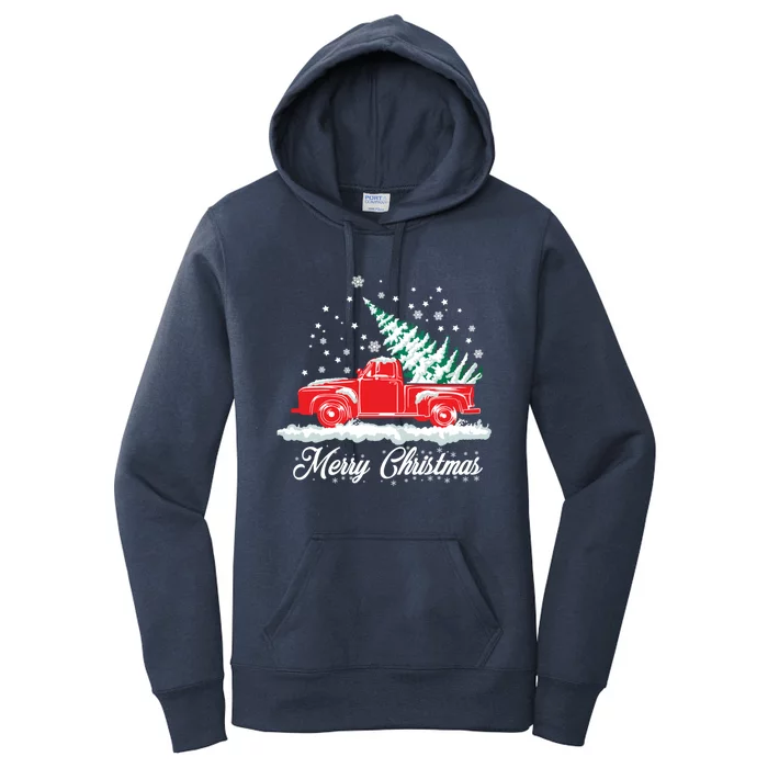 Christmas Tree In Back Of Old Red Pick Up Truck Snowing Gift Women's Pullover Hoodie