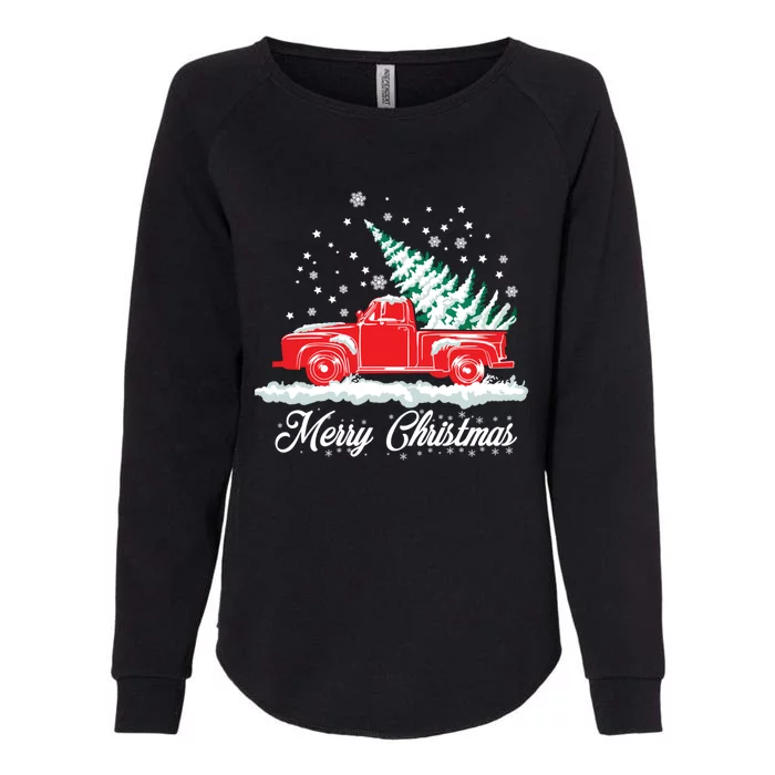 Christmas Tree In Back Of Old Red Pick Up Truck Snowing Gift Womens California Wash Sweatshirt