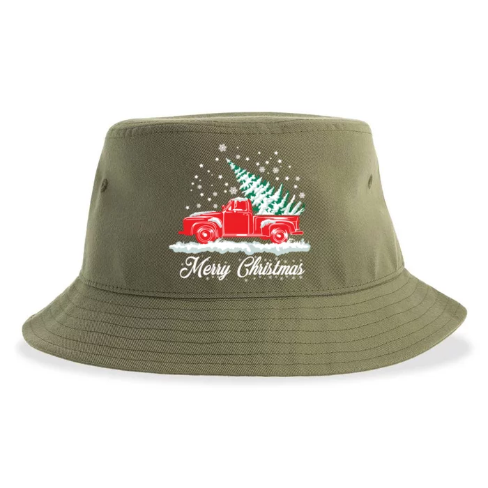 Christmas Tree In Back Of Old Red Pick Up Truck Snowing Gift Sustainable Bucket Hat