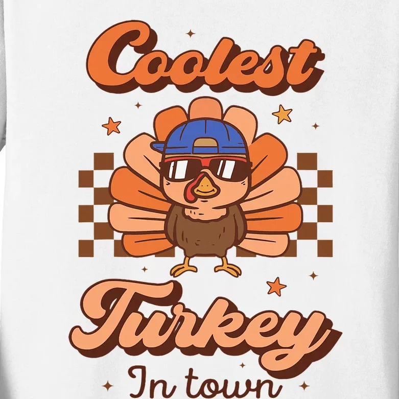 Coolest Turkey In Town Groovy Thanksgiving Kids Long Sleeve Shirt