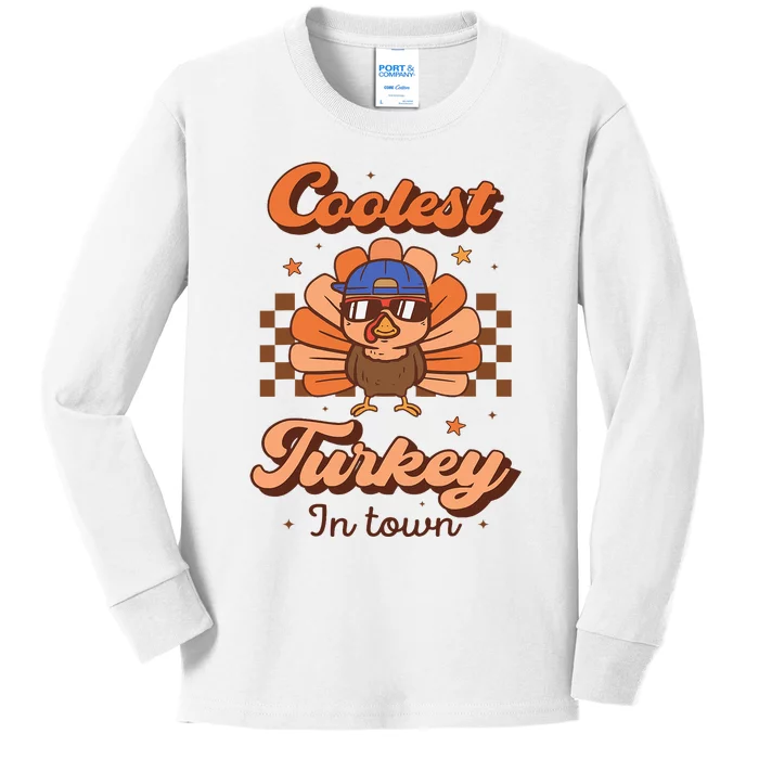 Coolest Turkey In Town Groovy Thanksgiving Kids Long Sleeve Shirt