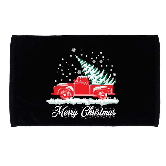 Christmas Tree In Back of Old Red Pick Up Truck Snowing Microfiber Hand Towel