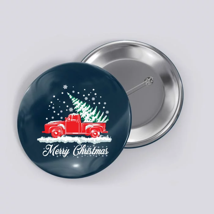 Christmas Tree In Back of Old Red Pick Up Truck Snowing Button