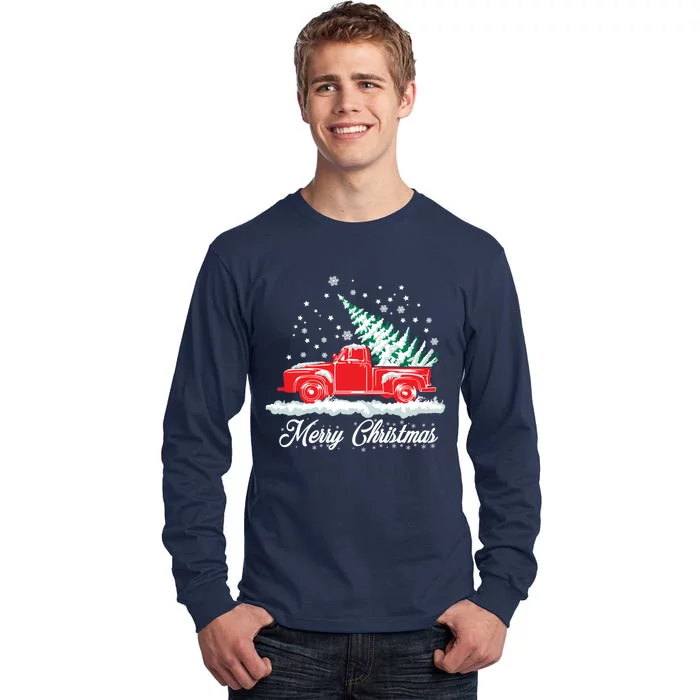 Christmas Tree In Back of Old Red Pick Up Truck Snowing Tall Long Sleeve T-Shirt