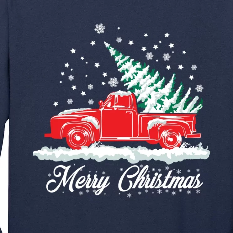 Christmas Tree In Back of Old Red Pick Up Truck Snowing Tall Long Sleeve T-Shirt