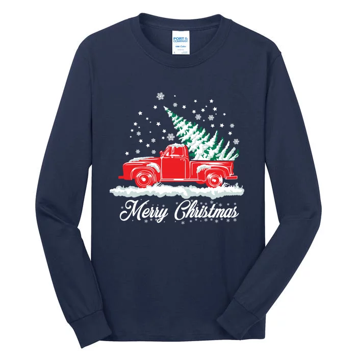 Christmas Tree In Back of Old Red Pick Up Truck Snowing Tall Long Sleeve T-Shirt