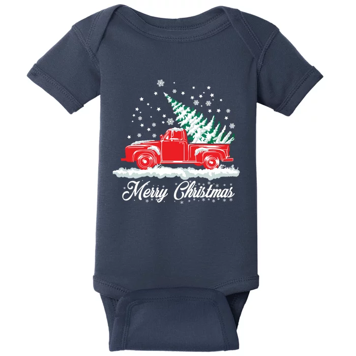 Christmas Tree In Back of Old Red Pick Up Truck Snowing Baby Bodysuit