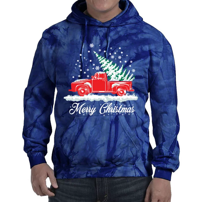 Christmas Tree In Back of Old Red Pick Up Truck Snowing Tie Dye Hoodie