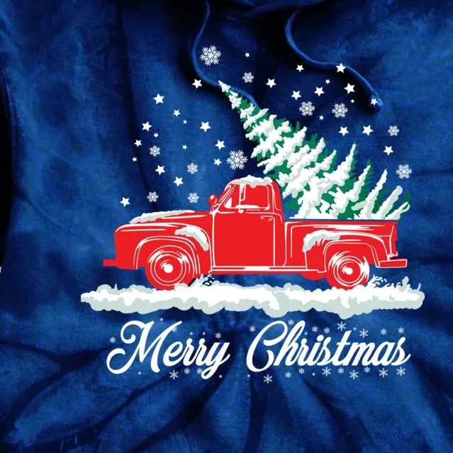 Christmas Tree In Back of Old Red Pick Up Truck Snowing Tie Dye Hoodie