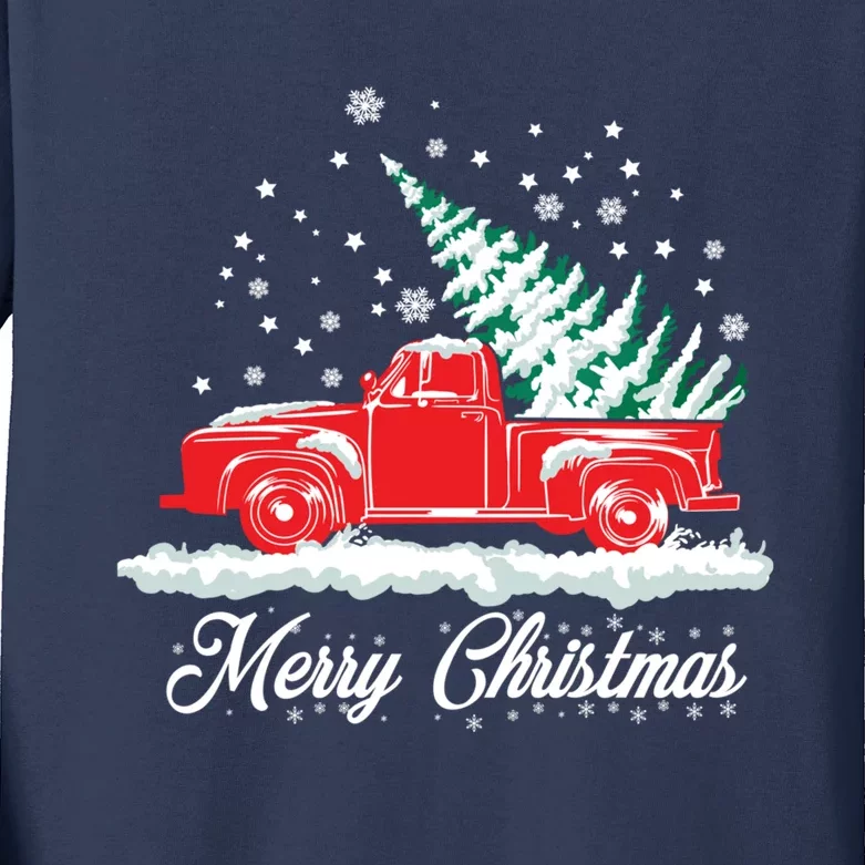 Christmas Tree In Back of Old Red Pick Up Truck Snowing Kids Long Sleeve Shirt