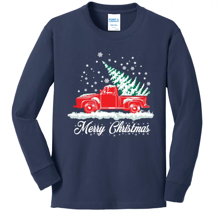 Christmas Tree In Back of Old Red Pick Up Truck Snowing Kids Long Sleeve Shirt