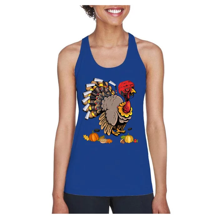 Cute Turkey Ice Hockey Player Turkeys Day Happy Thanksgiving Gift Women's Racerback Tank