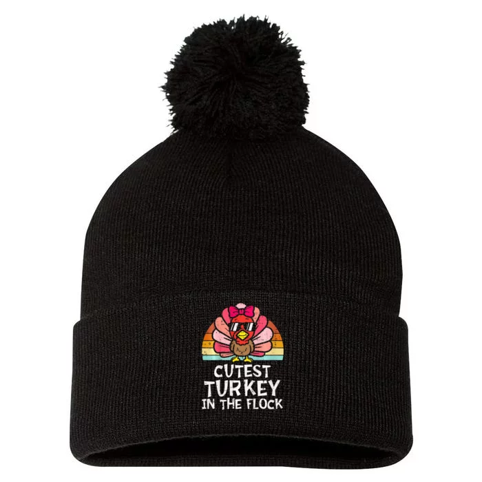 Cutest Turkey In The Flock Retro Thanksgiving Pom Pom 12in Knit Beanie