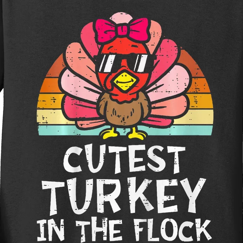 Cutest Turkey In The Flock Retro Thanksgiving Kids Long Sleeve Shirt