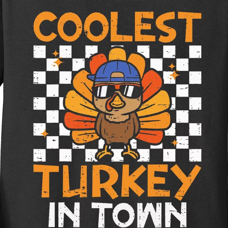 Coolest Turkey In Town Groovy Thanksgiving Kids Long Sleeve Shirt