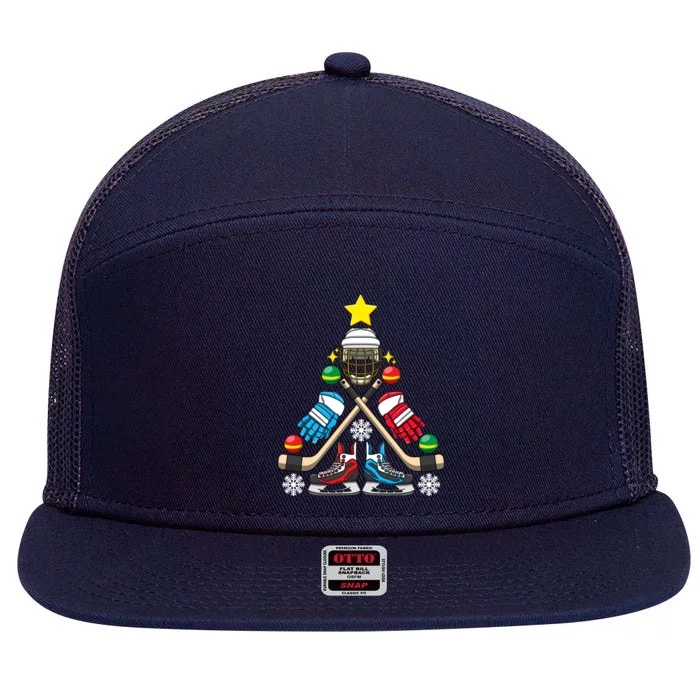 Christmas Tree Ice Hockey Christmas Tree Hockey Stick Gloves Great Gift 7 Panel Mesh Trucker Snapback Hat