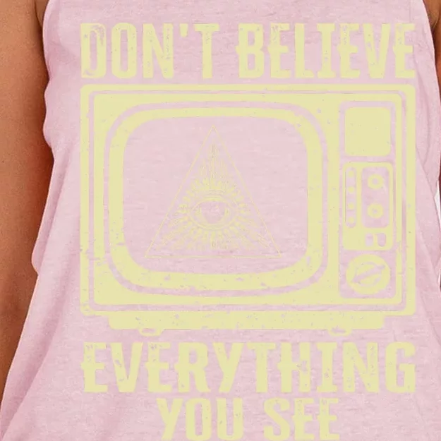 Conspiracy Theory Illuminati Dont Believe Everything You See Women's Knotted Racerback Tank