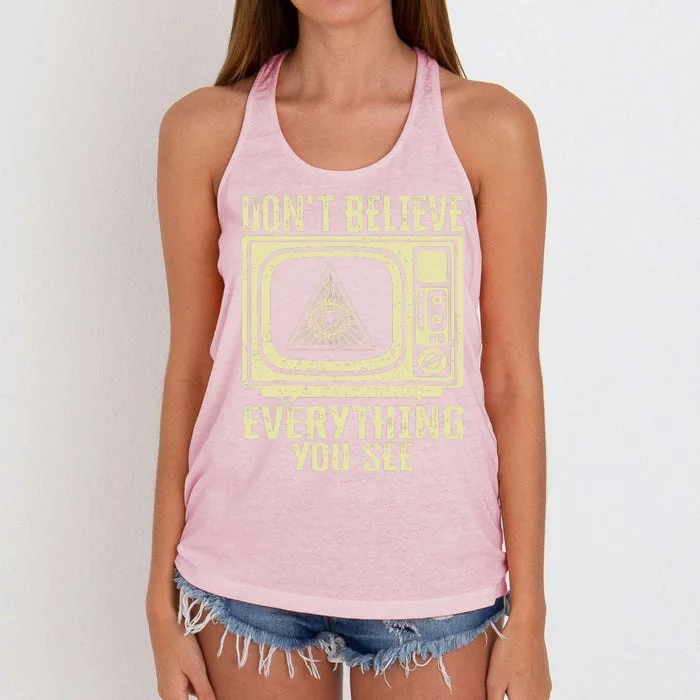 Conspiracy Theory Illuminati Dont Believe Everything You See Women's Knotted Racerback Tank