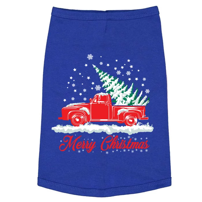 Christmas Tree In Back Of Old Red Pick Up Truck Snowing Cute Gift Doggie Tank