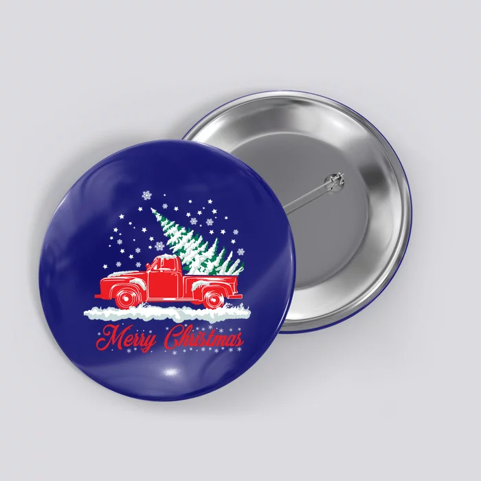 Christmas Tree In Back Of Old Red Pick Up Truck Snowing Cute Gift Button