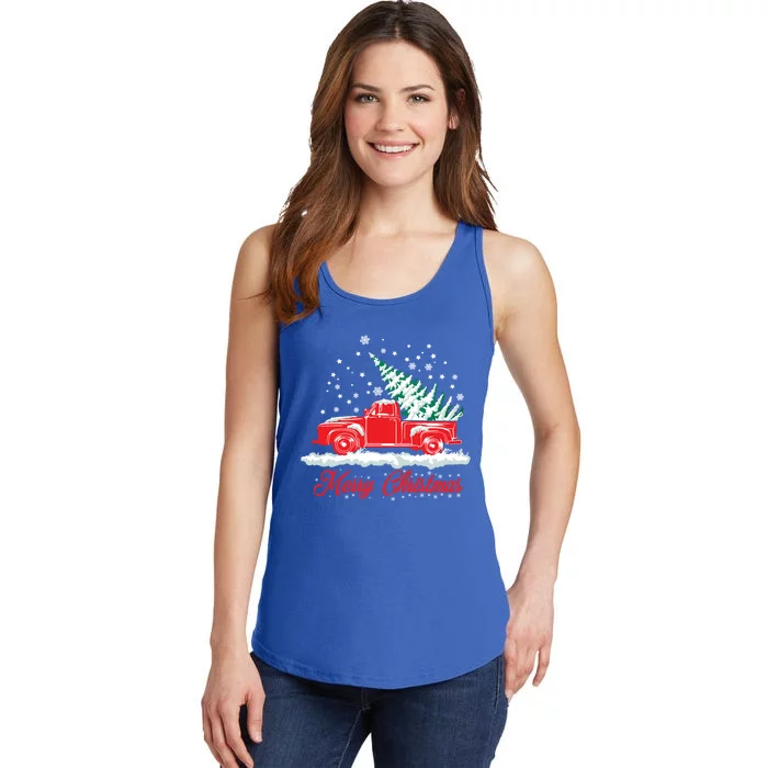 Christmas Tree In Back Of Old Red Pick Up Truck Snowing Cute Gift Ladies Essential Tank