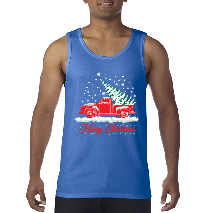 Christmas Tree In Back Of Old Red Pick Up Truck Snowing Cute Gift Tank Top